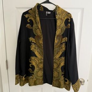 ANU 100% Wool Open Black With Tapestry Trim Cardigan. SZ L. Preowned